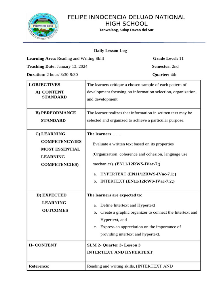 Intertext and Hypertext Lesson Plan | PDF | Hyperlink | Intertextuality