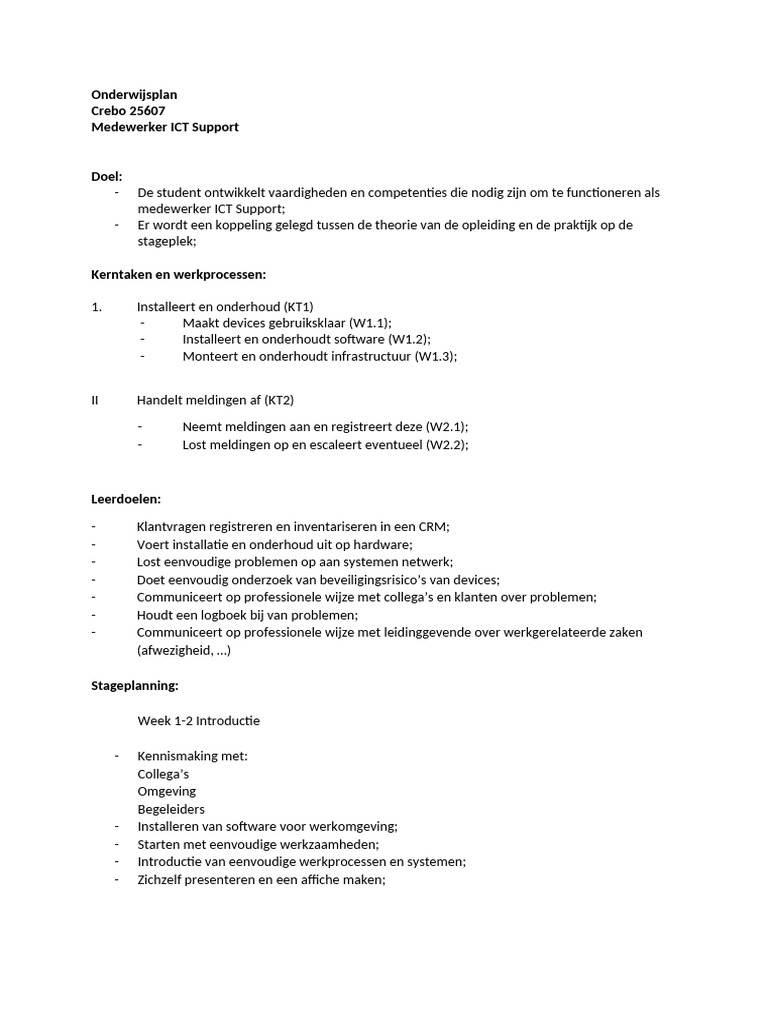 Onderwijsplan Ict Support | PDF