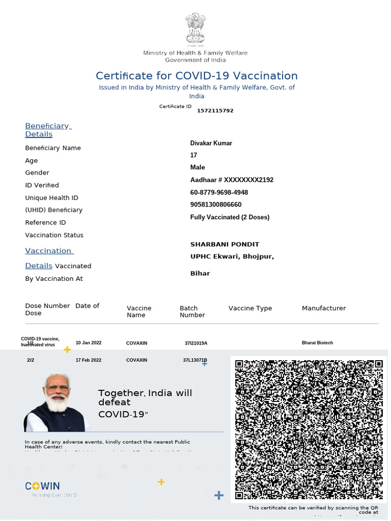 COVID-19 Vaccination Certificate: Divakar Kumar | PDF | Immunology ...