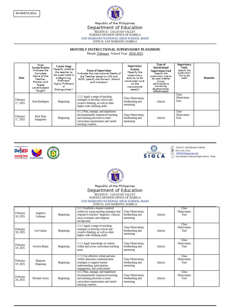 February 2025 Instructional Supervision Plan | PDF | Mentorship | Teachers