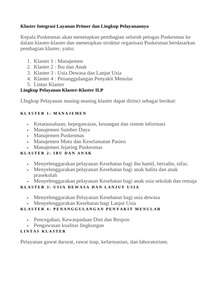 Pembagian Klaster Puskesmas ILP | PDF