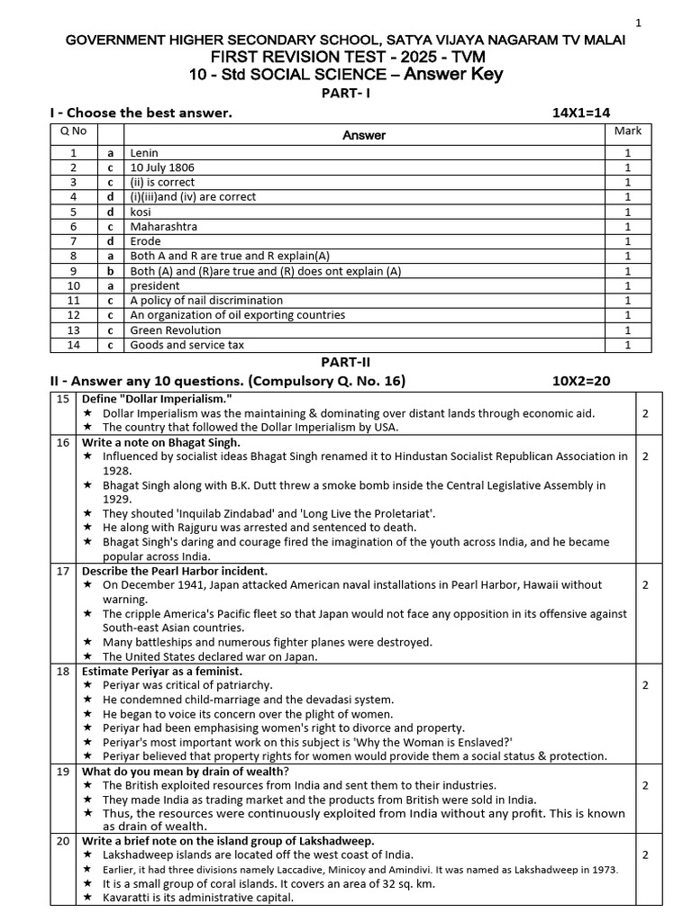 10 SS First Revison Answer Key 2025 | PDF | Non Aligned Movement ...