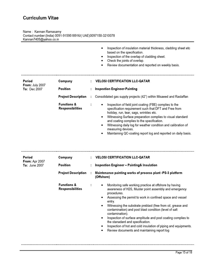 Kannan Ramasamy's Inspection Engineer CV | PDF | Materials
