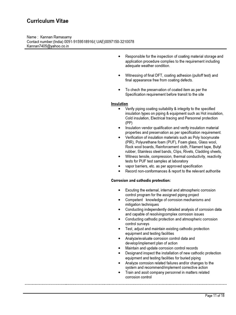 Coating and Insulation Inspection CV | PDF | Corrosion | Thermal Insulation