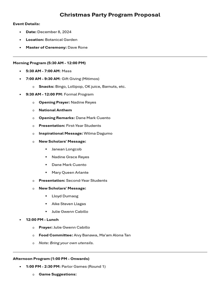 Christmas Party Program Proposal 2024 | PDF