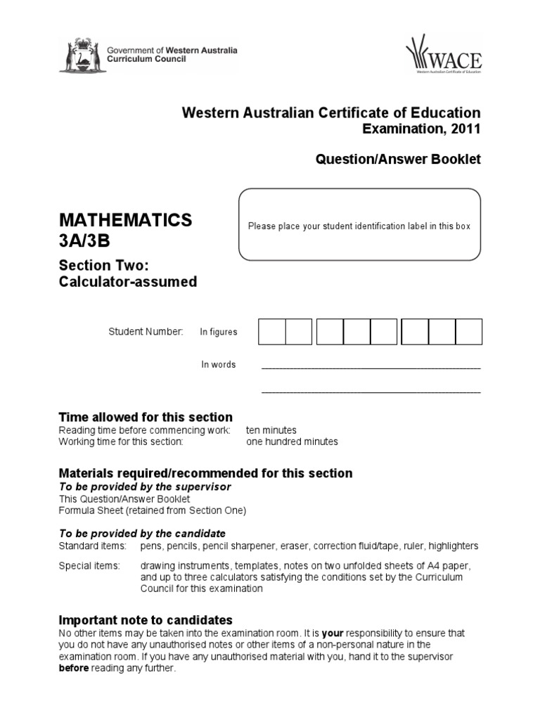 Mathematics 3A3B Calculator Assumed Examination 2011 PDF PDF Mean