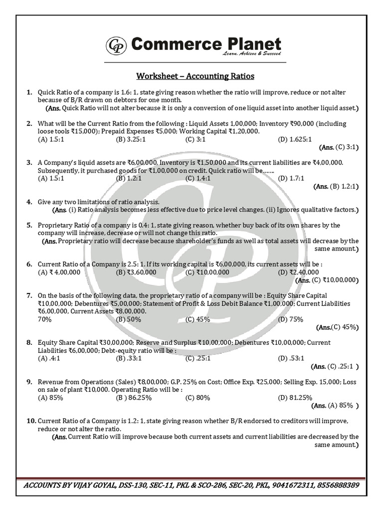 Accounting Ratios Worksheet Analysis | PDF | Working Capital | Revenue
