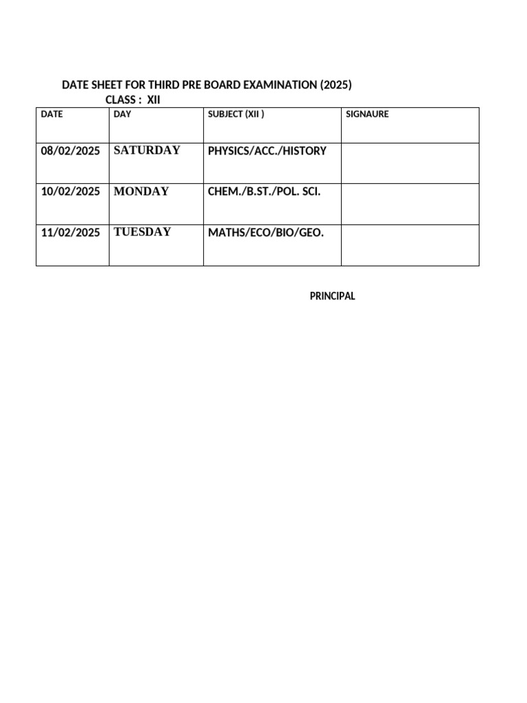 2025 Class XII Pre Board Exam Dates | PDF