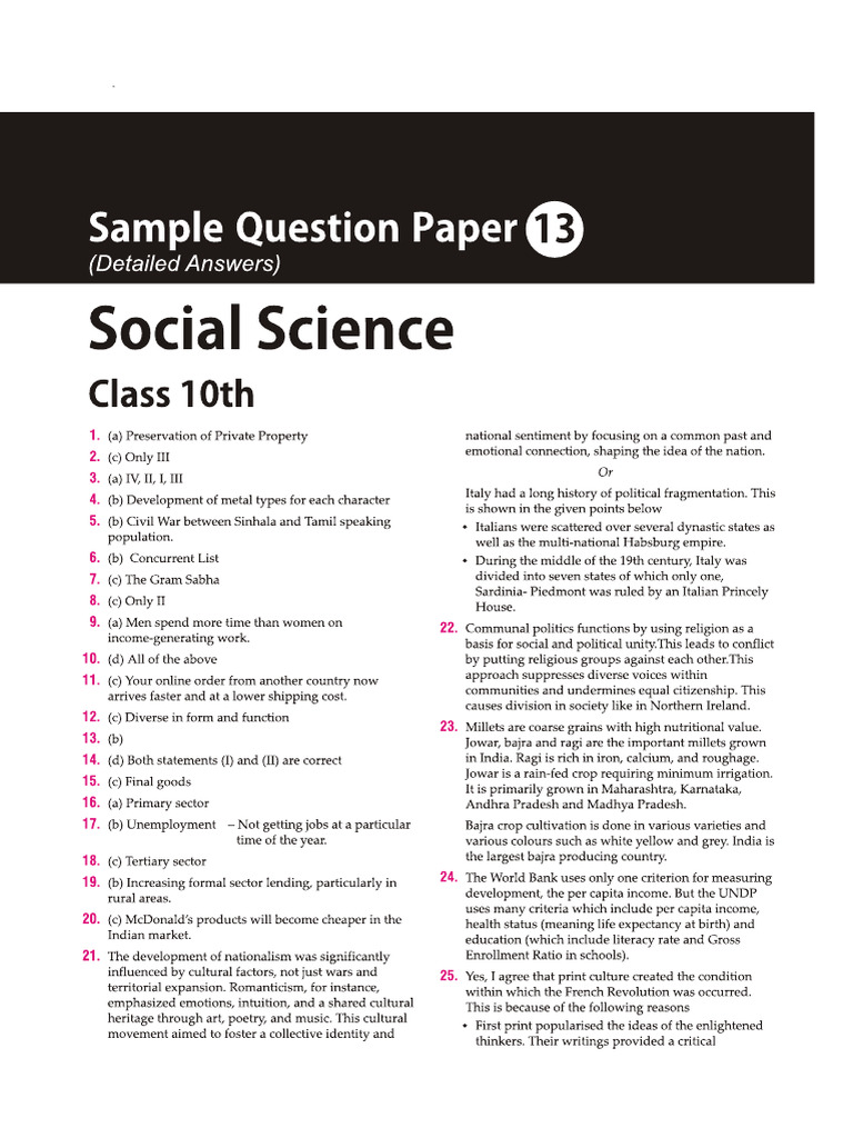 Social Science 10 Sample Paper 13 Answers | PDF