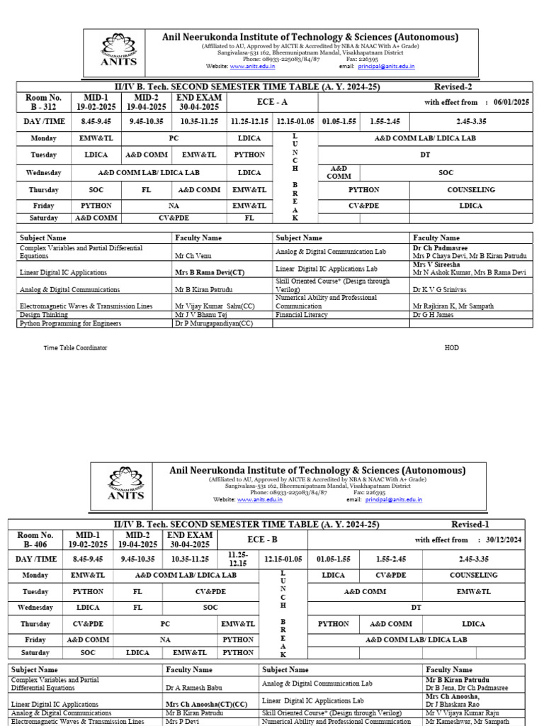 B.Tech ECE 2nd Sem Time Table 2024-25 | PDF | Partial Differential ...