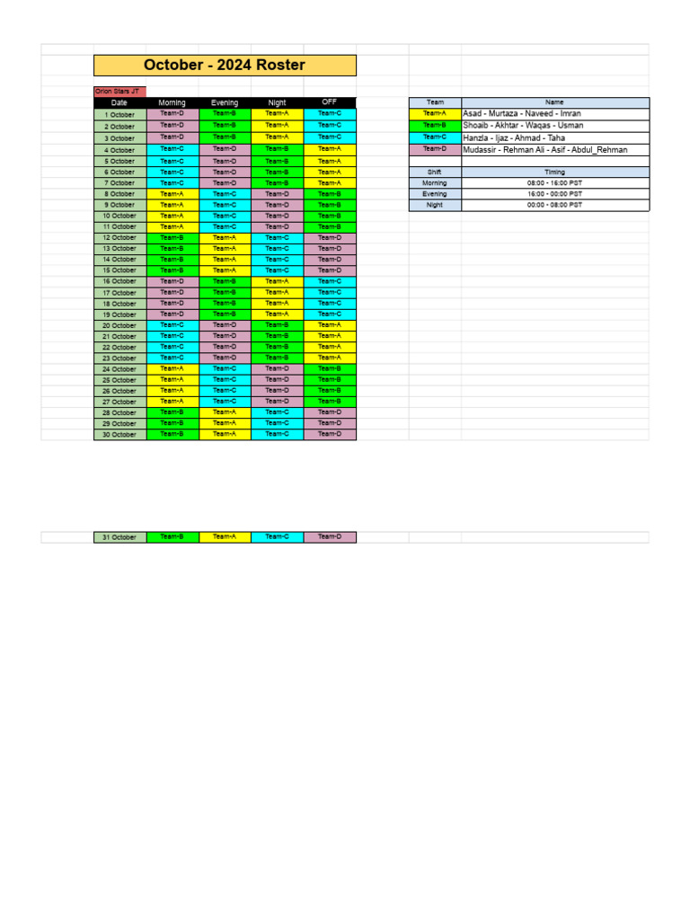 October 2024 Team Roster Schedule | PDF