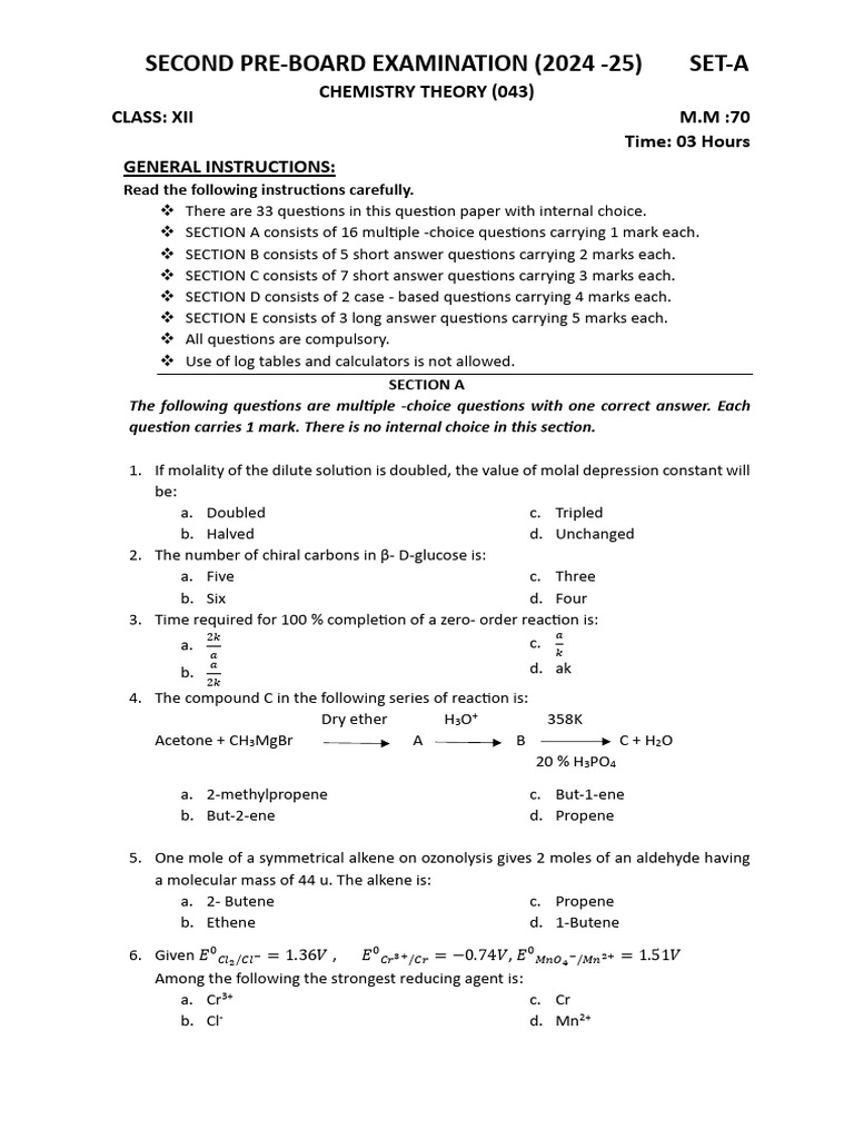 Class XII Chemistry Pre-Board Exam 2024-25 | PDF | Coordination Complex ...