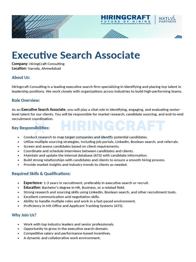 Executive Search Associate Job in Ahmedabad | PDF