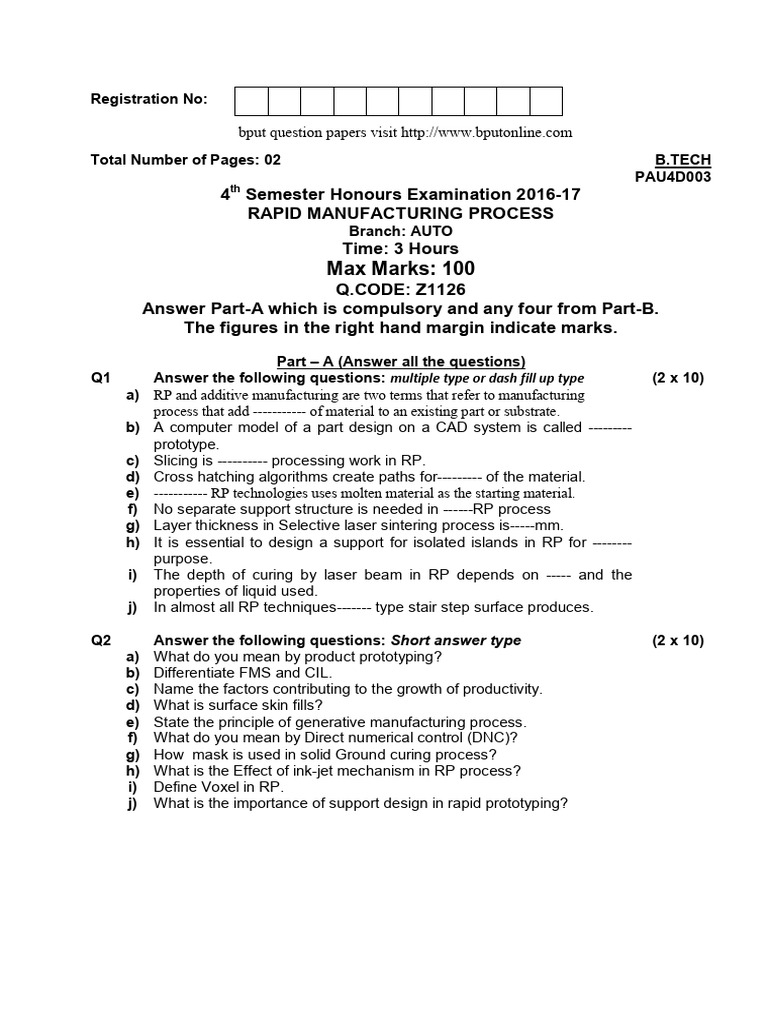 Rapid Manufacturing Process Exam Paper | PDF | 3 D Printing | Materials