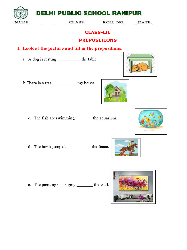 Class 3 Preposition Worksheet with Answers | PDF