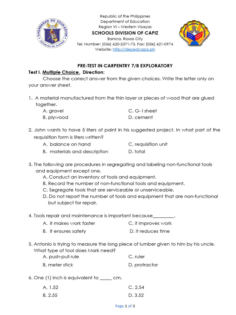 Grade 9 Carpentry Pre-Test Questions | PDF