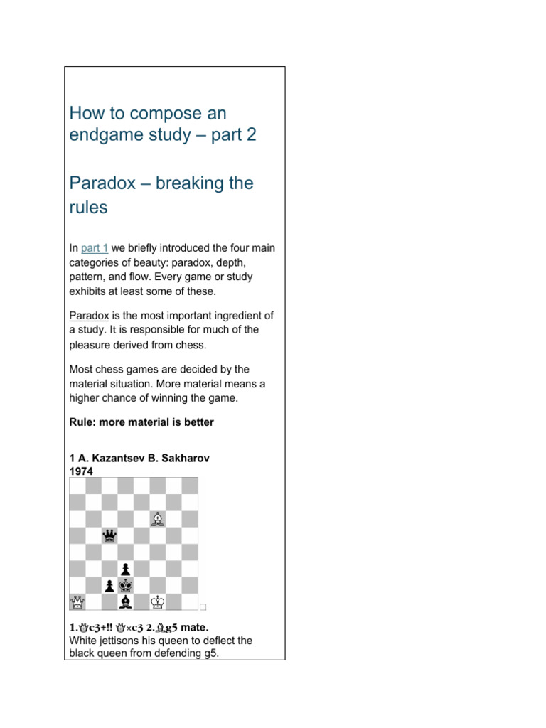 Composing Chess Endgame Studies: Paradox | PDF | Chess | Traditional ...