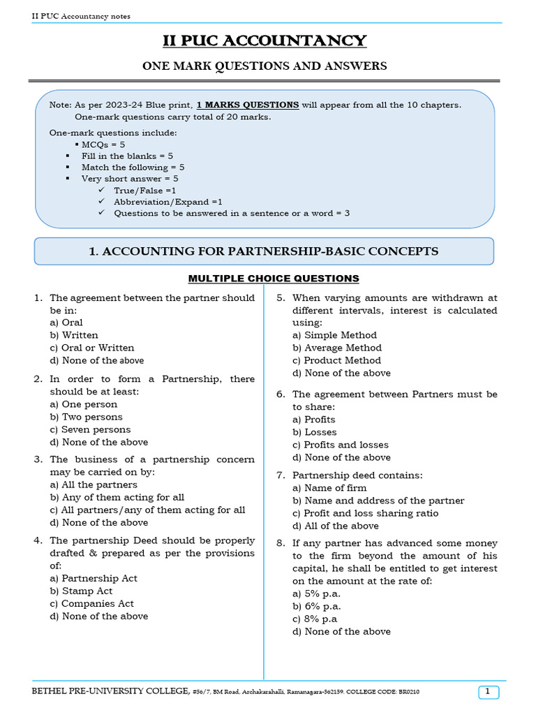 II PUC Accountancy One Mark Q&A Guide | PDF | Partnership | Debits And ...
