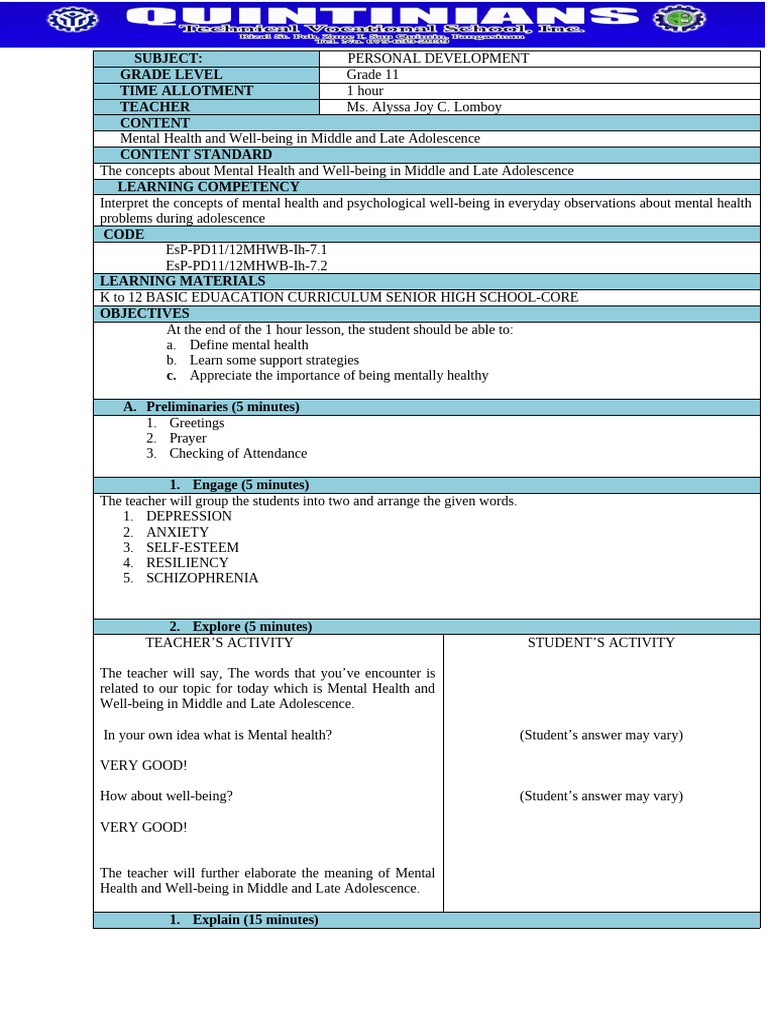 Mental Health in Adolescence Lesson Plan | PDF | Mental Disorder ...