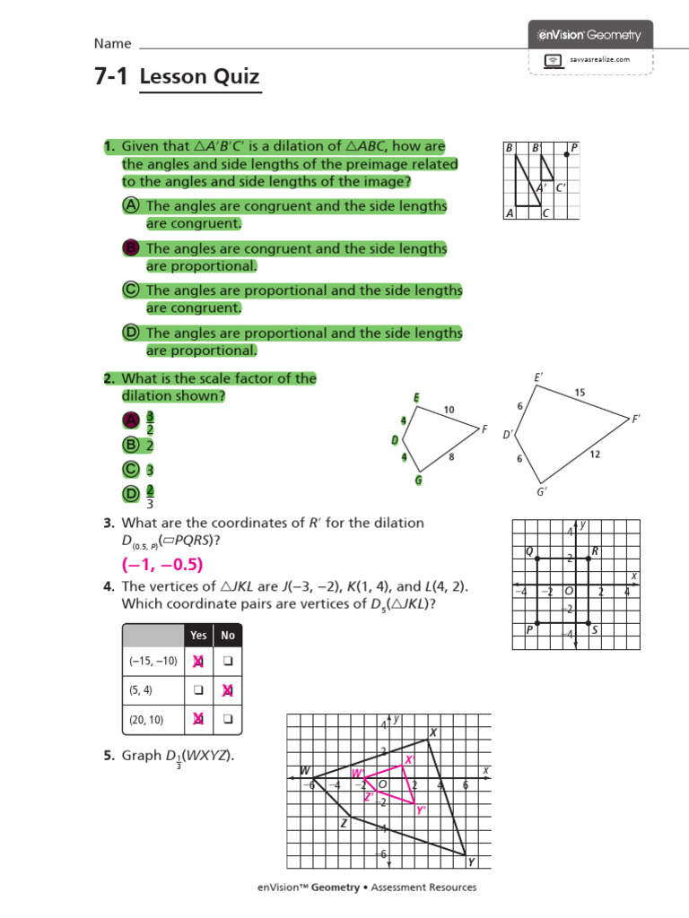 7-1 - Lesson Quiz - Answer Key | PDF | Geometry | Classical Geometry