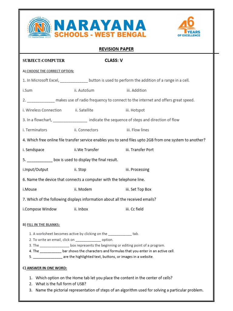 Computer Class V Revision Paper | PDF | Worksheet | Microsoft Excel