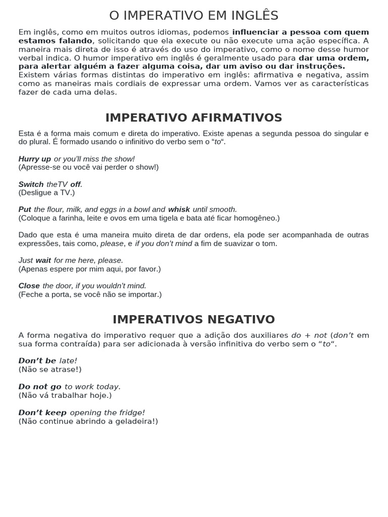 Imperativo em Inglês: Uso e Exemplos | PDF