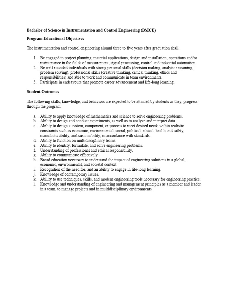 BS in Instrumentation and Control Engineering | PDF