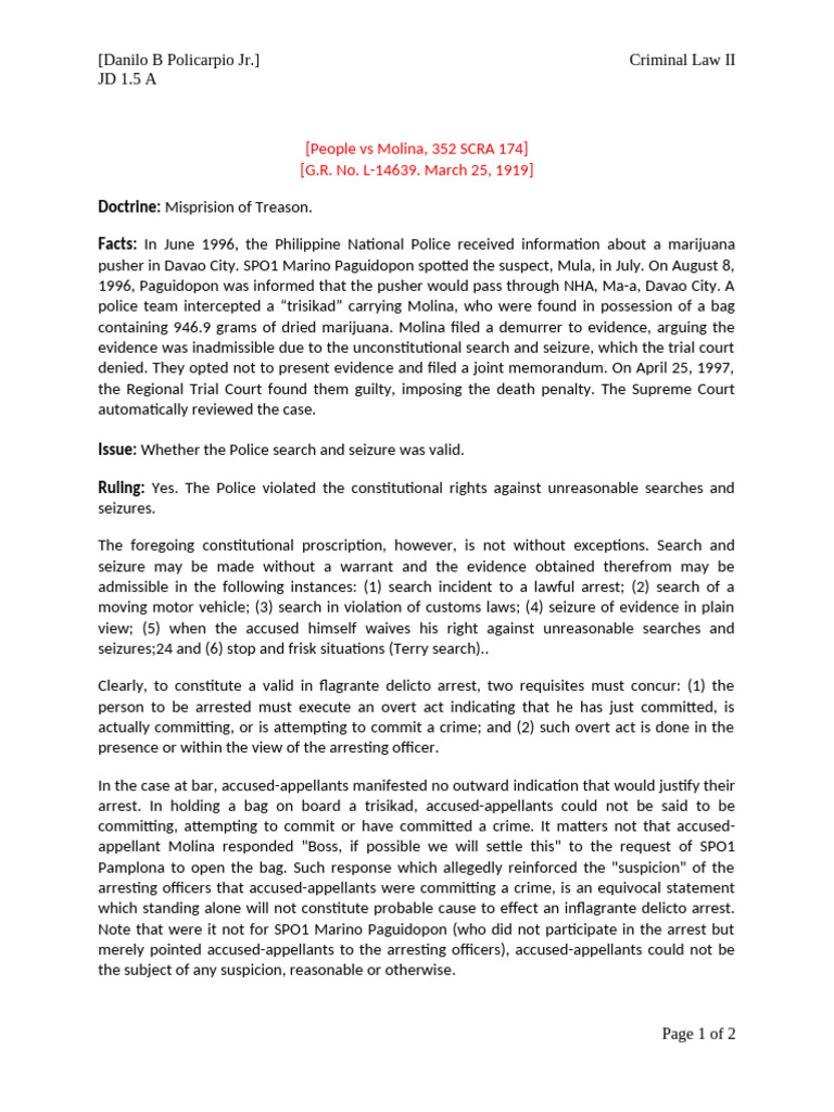 People vs Molina, 352 SCRA 174 | PDF | Search And Seizure | Arrest