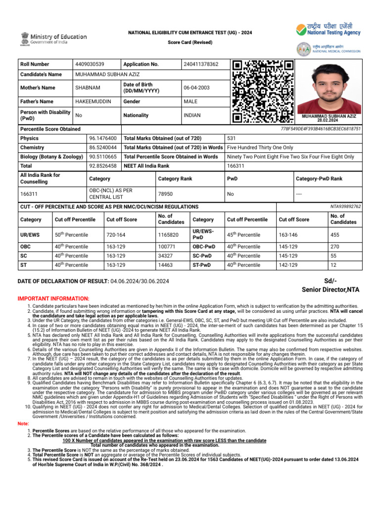 Neet Scorecard | PDF | Student Assessment And Evaluation | Qualifications