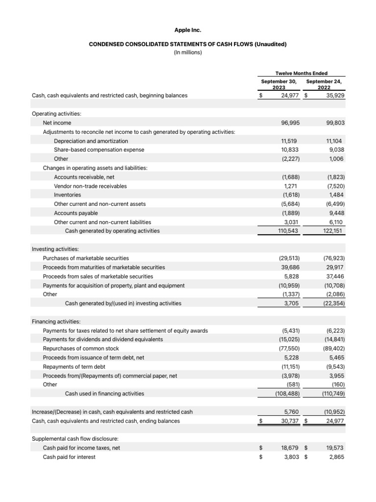 Apple Cash Flow Statement 2023 Analysis | PDF | Dividend | Debt