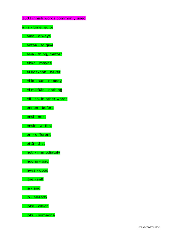 100 Finnish Words Commonly Used | PDF