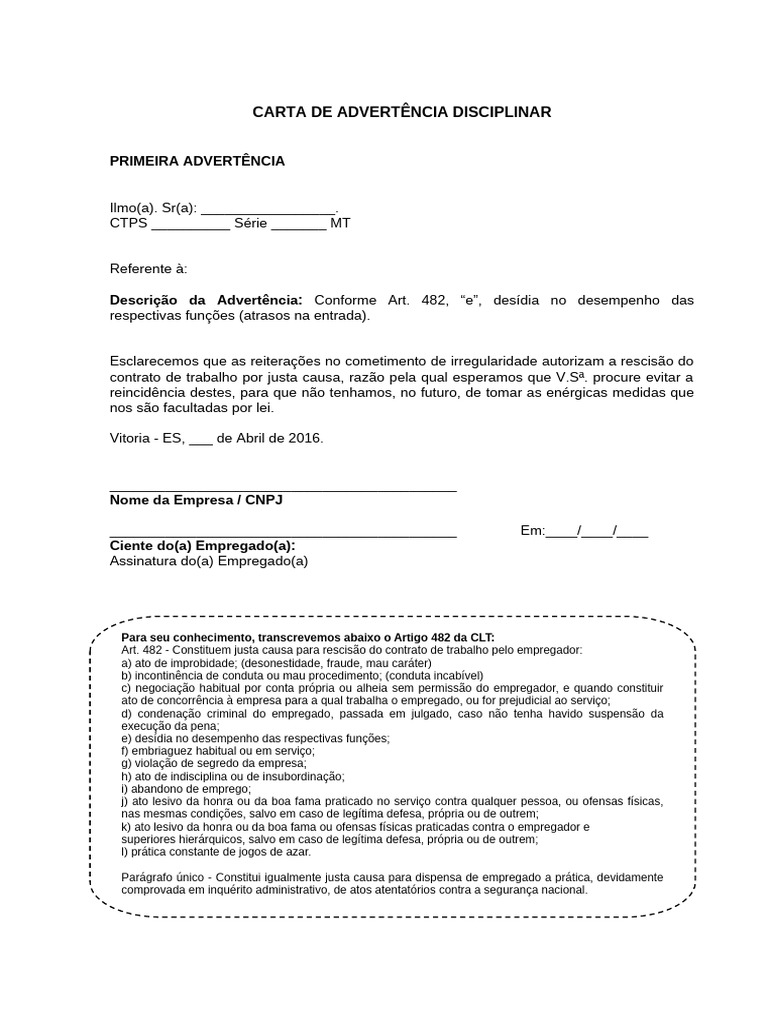 Advertência Disciplinar por Desídia | PDF