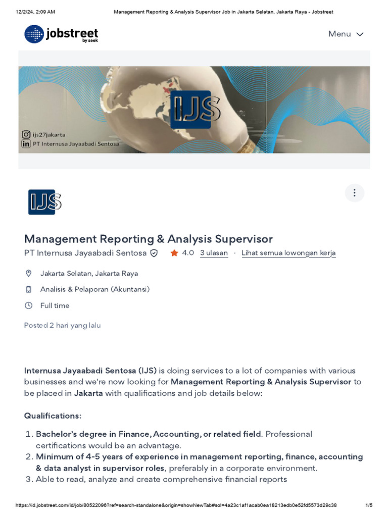 Management Reporting & Analysis Supervisor Job in Jakarta Selatan ...