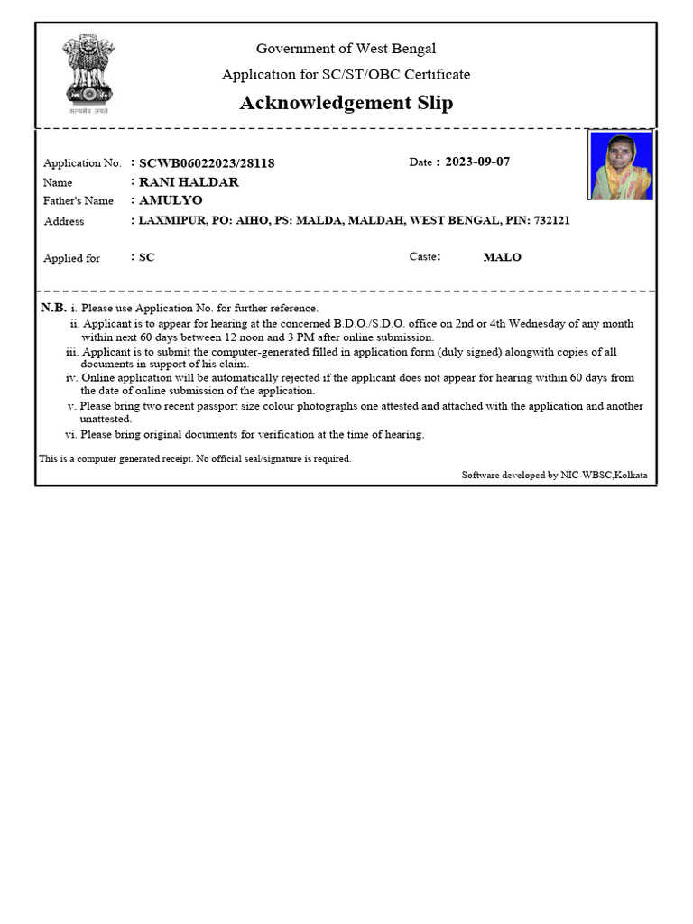 SC/ST/OBC Certificate Application Acknowledgment | PDF