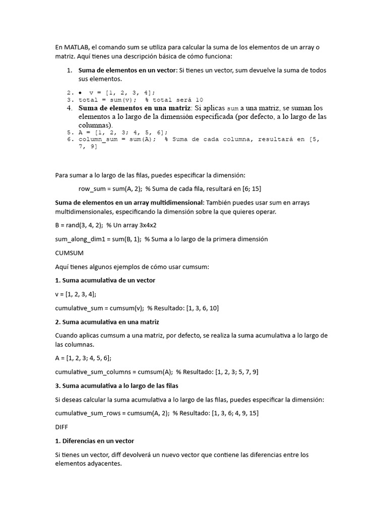 Funciones básicas de MATLAB: sum, prod, max, mean | PDF | Matriz ...