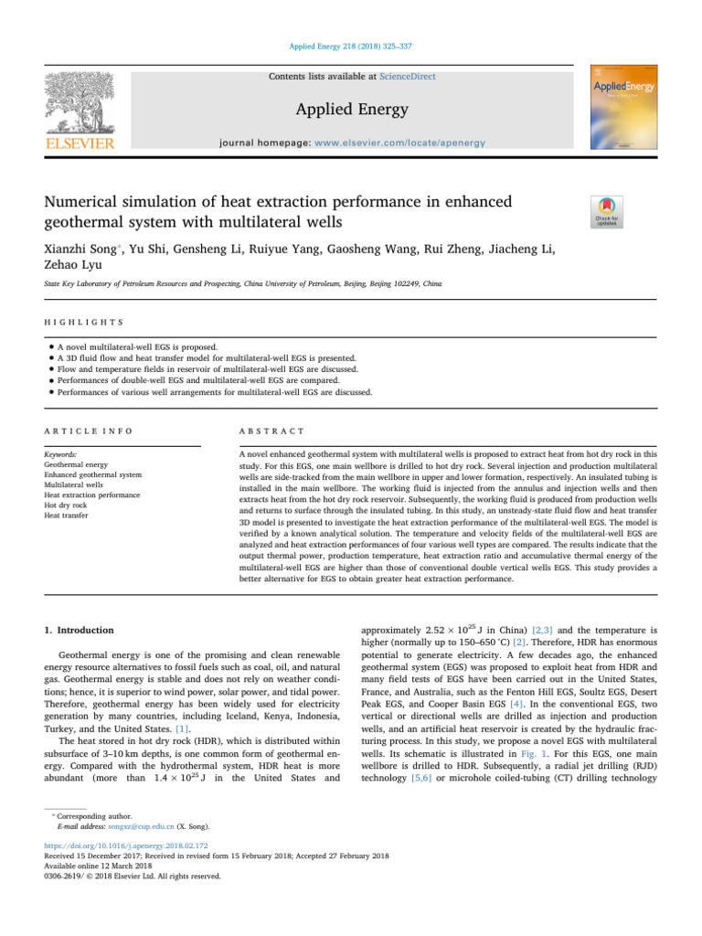 2018, Xianzhi Song, Numerical Simulation of Heat Extraction Performance ...