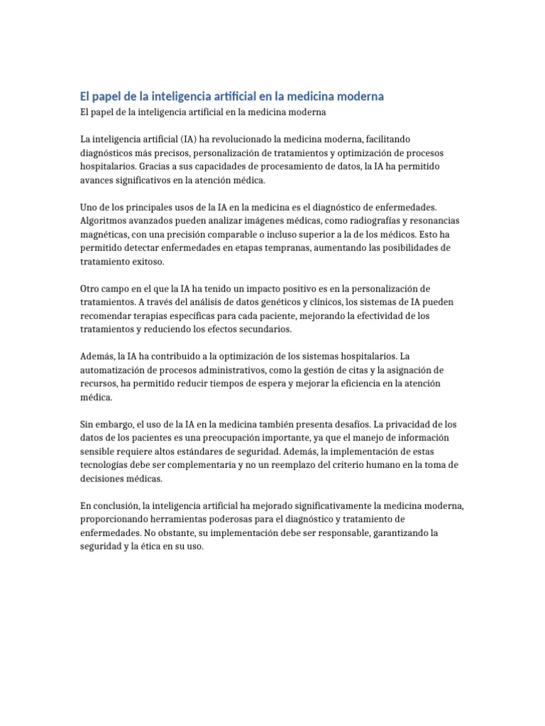 El Papel de La Inteligencia Artificial en La Medicina Moderna | PDF