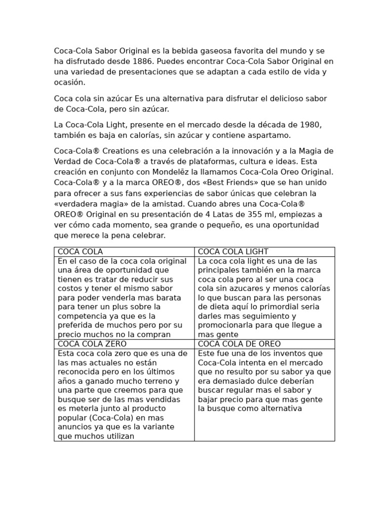Variedades de Coca-Cola y Oportunidades | PDF