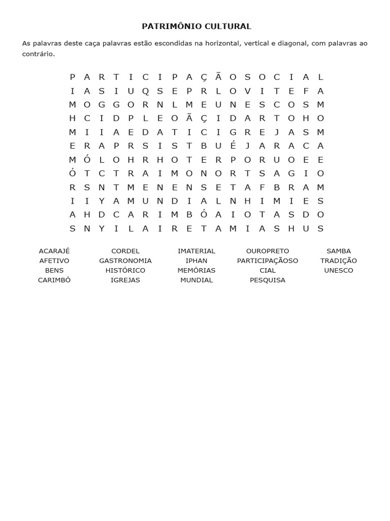 Caça Palavras: Patrimônio Cultural | PDF | Herança cultural | Educação ...