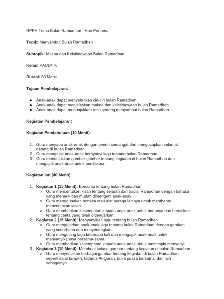 RPPH PAUD: Menyambut Ramadhan | PDF