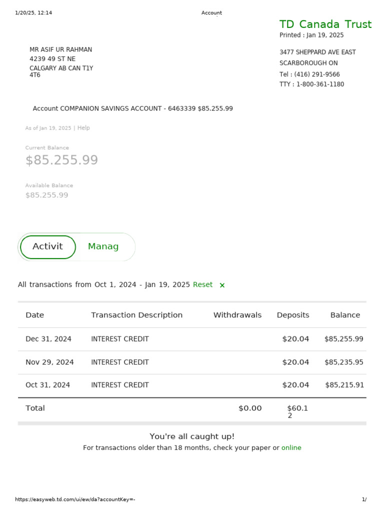 TD Canada Trust Account Overview | PDF
