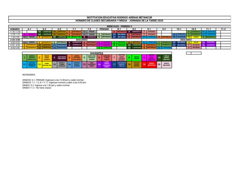 Horario Clases Secundaria 2025 | PDF