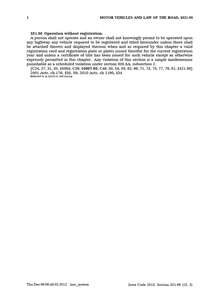 Iowa Code §321.98: Vehicle Registration Rules | PDF