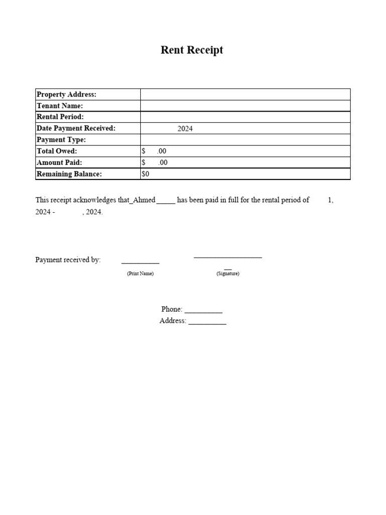 Rent Receipt Ahmed April | PDF