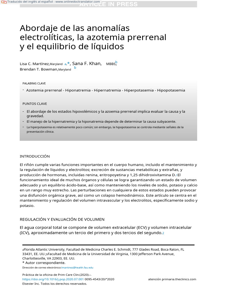 Approach To Electrolyte Abnormalities, Prerenal Azotemia, and Fluid ...