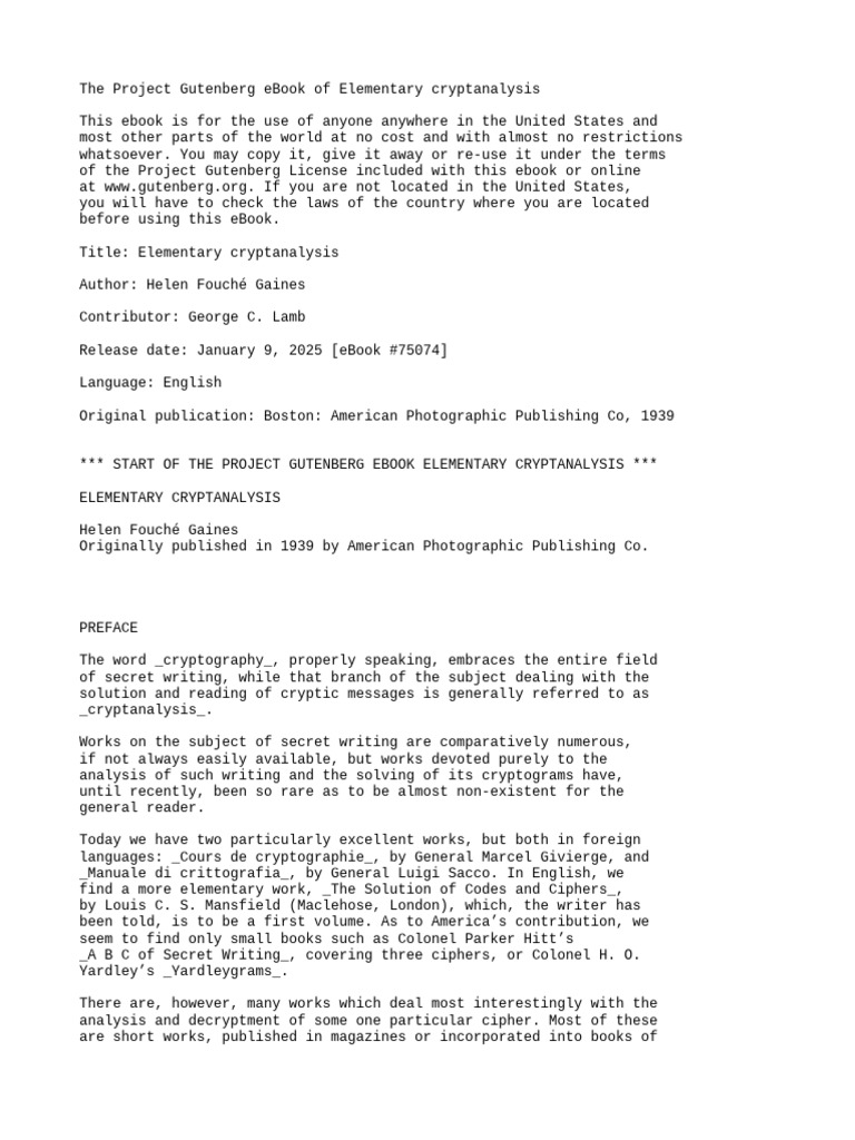 The Project Gutenberg Ebook of Elementary Cryptanalysis | PDF | Cipher ...