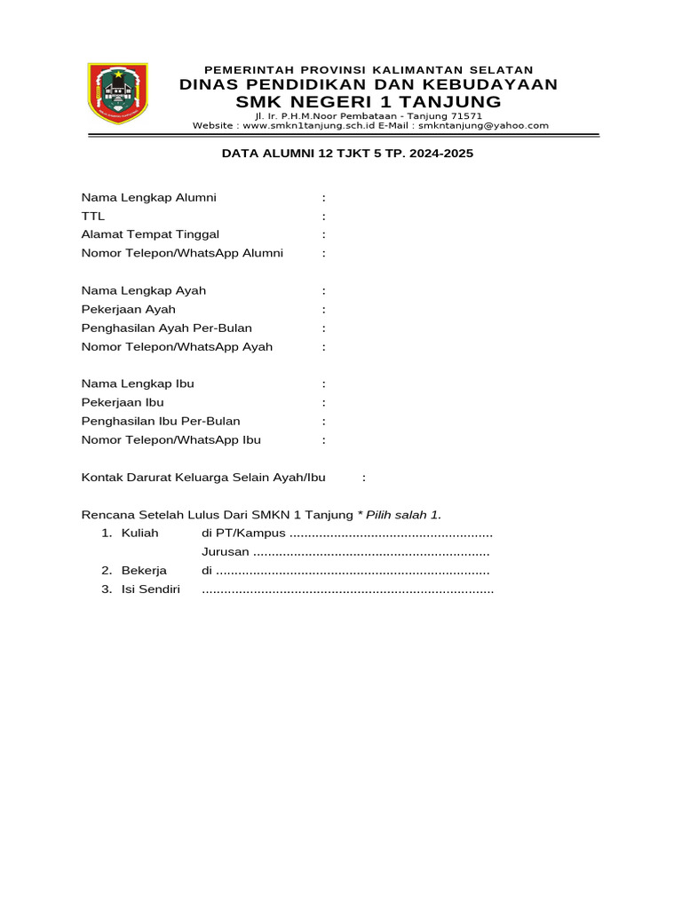 Data Alumni SMK Negeri 1 Tanjung 2024-2025 | PDF