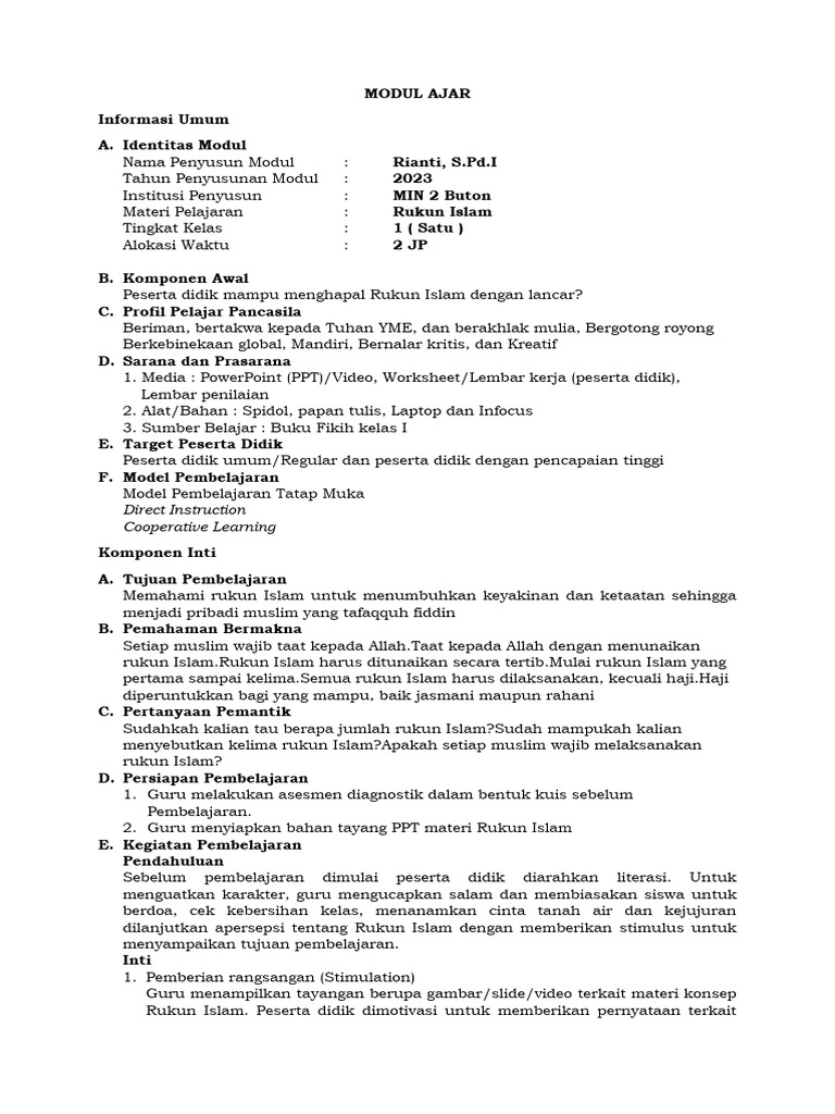 Modul Ajar Rukun Islam Kelas 1 Pdf