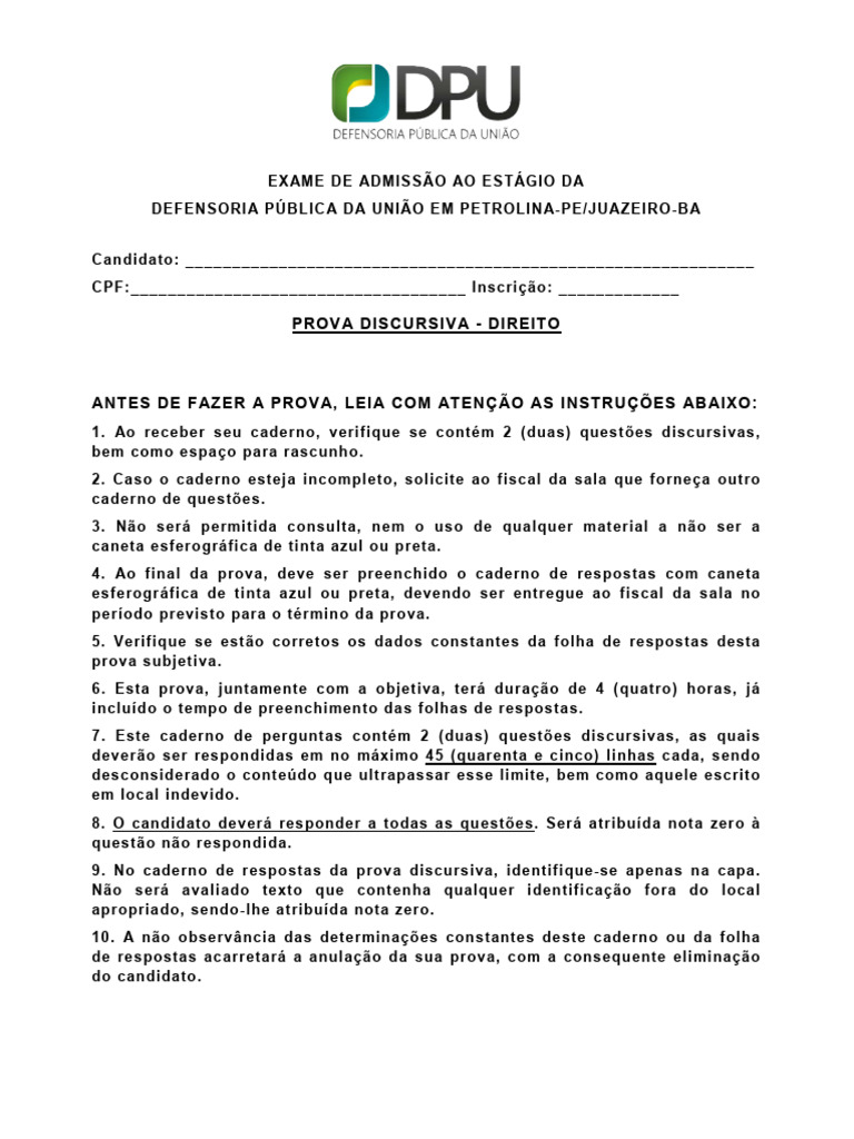 Prova Discursiva - Estágio DPU 2023 | PDF