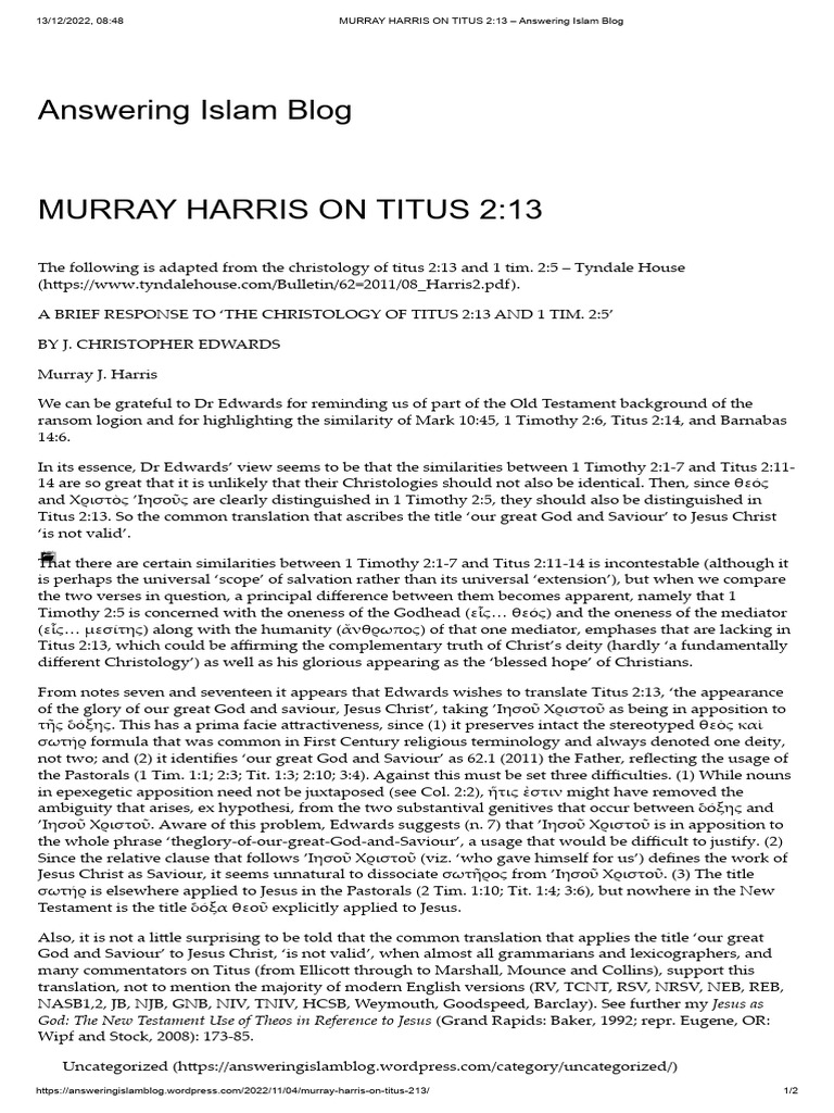 MURRAY HARRIS ON TITUS 2 - 13 - Answering Islam Blog | PDF ...